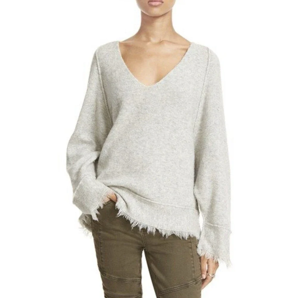 Free People Wool Linen Blend Irresistible Fringe Trim Oversized Grey Sweater S